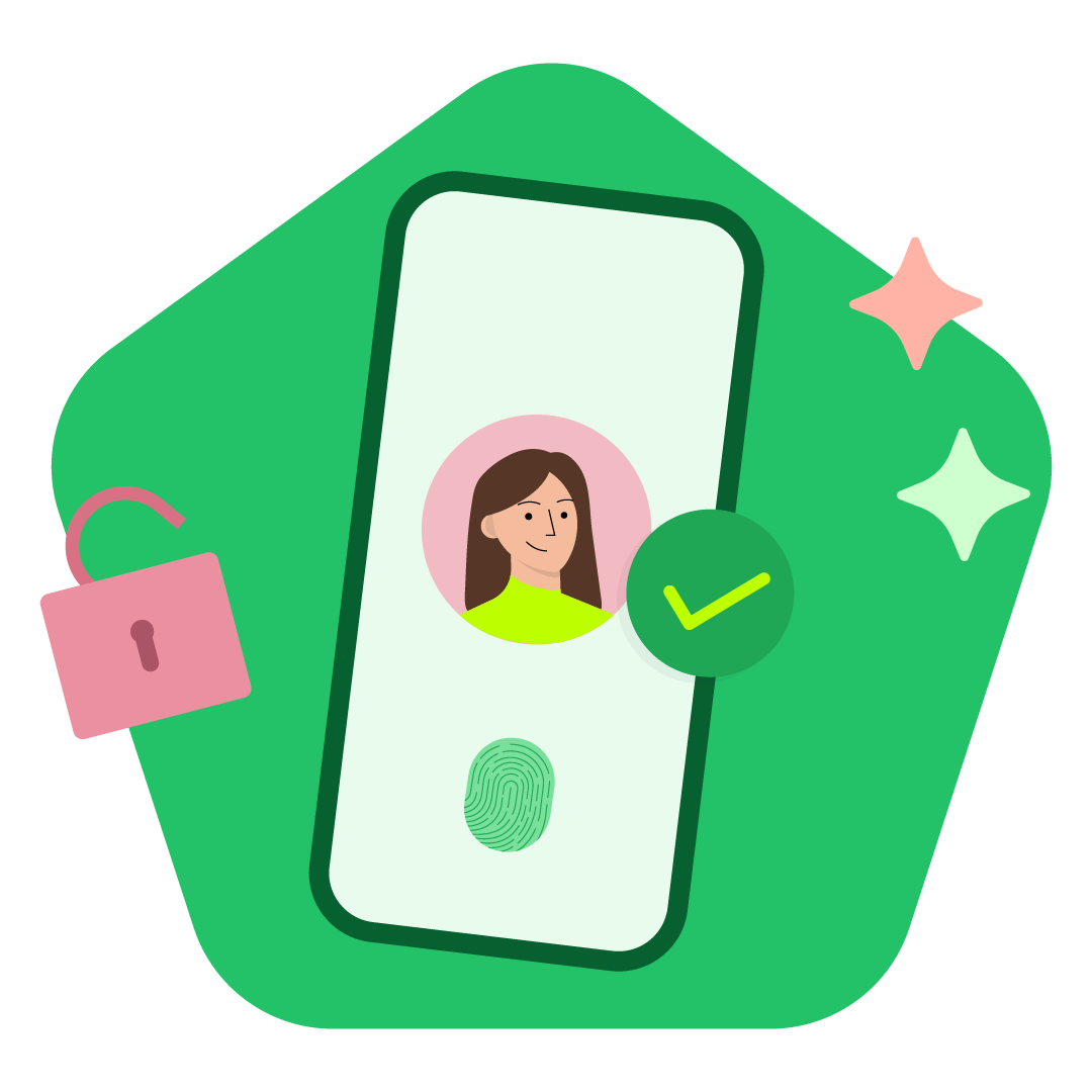 Illustration eines Smartphones mit Profilbild, Fingerabdruck-Scanner und Verifizierung-Häkchen.